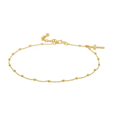14K Yellow Gold Beaded Tincup With Dangle Cross Anklet