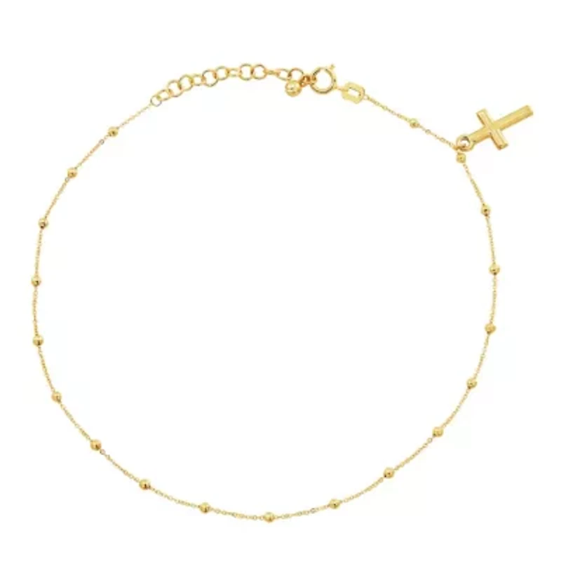14K Yellow Gold Beaded Tincup With Dangle Cross Anklet