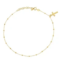 14K Yellow Gold Beaded Tincup With Dangle Cross Anklet