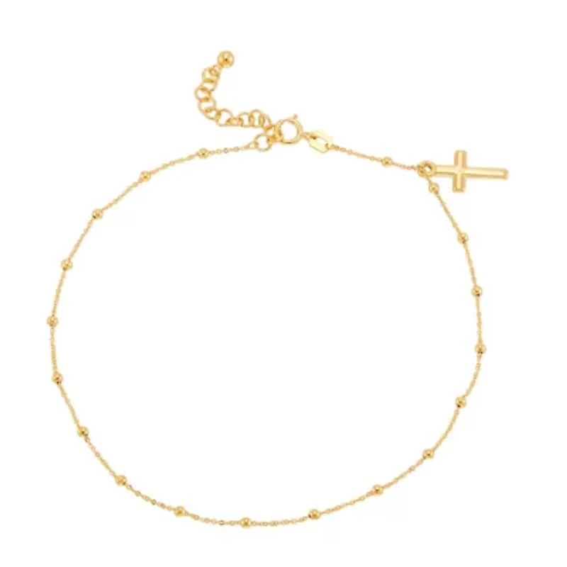 14K Yellow Gold Beaded Tincup With Dangle Cross Anklet