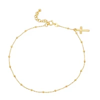 14K Yellow Gold Beaded Tincup With Dangle Cross Anklet