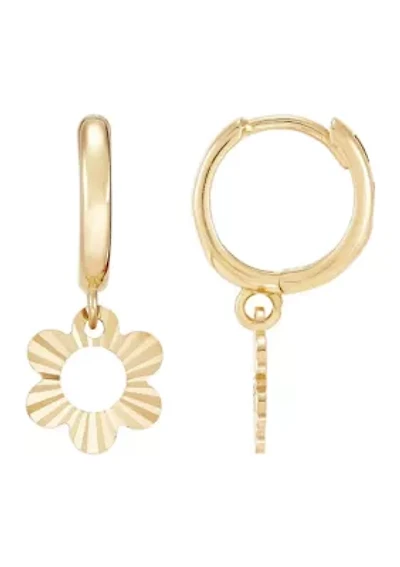 14K Yellow Gold Huggies with Drop Flowers Earrings