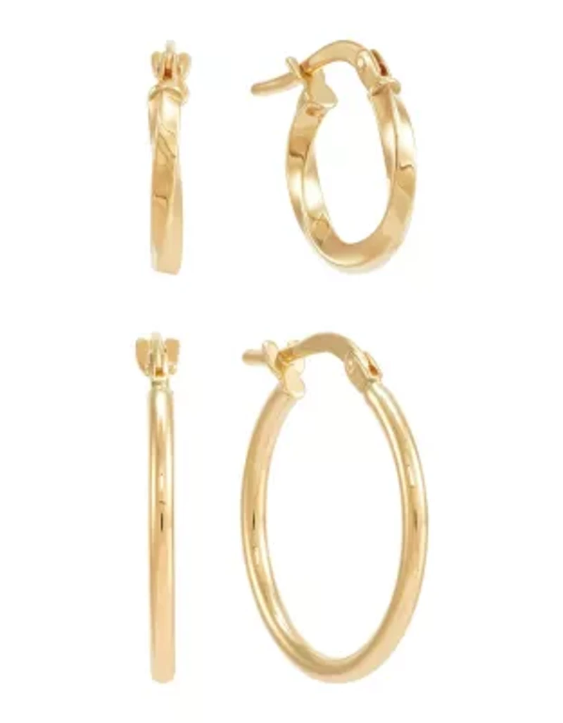 14K Yellow Gold Tube Hoop and Twist Hoop Set Earrings