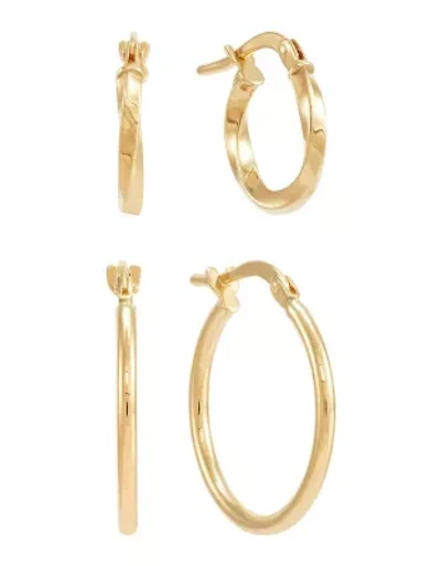 14K Yellow Gold Tube Hoop and Twist Hoop Set Earrings