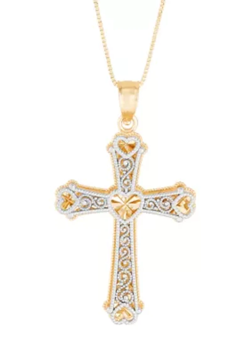 Double Decker Cross Pendant Necklace with 18" Box Chain in 14K Yellow and White Gold