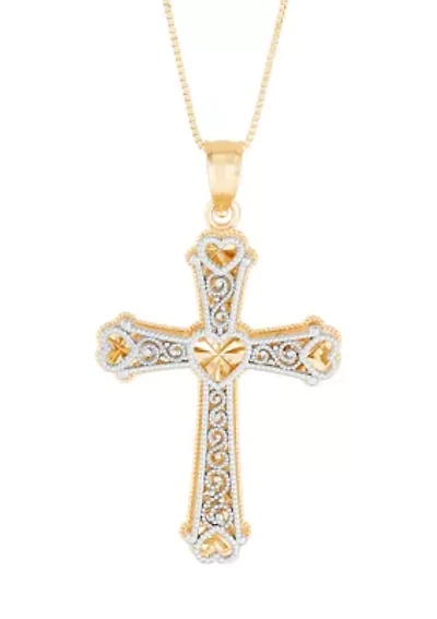 Double Decker Cross Pendant Necklace with 18" Box Chain in 14K Yellow and White Gold