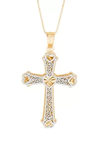 Double Decker Cross Pendant Necklace with 18" Box Chain in 14K Yellow and White Gold