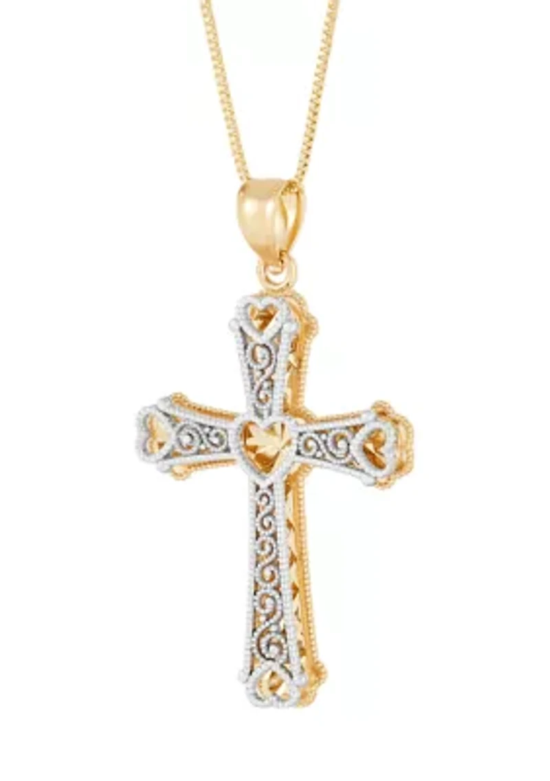 Double Decker Cross Pendant Necklace with 18" Box Chain in 14K Yellow and White Gold