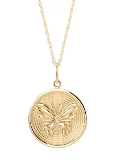 Butterfly Coin Pendant with 18" Rope Chain in 14K Yellow Gold