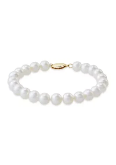 White Pearl Single Strand Bracelet in 14K Yellow Gold