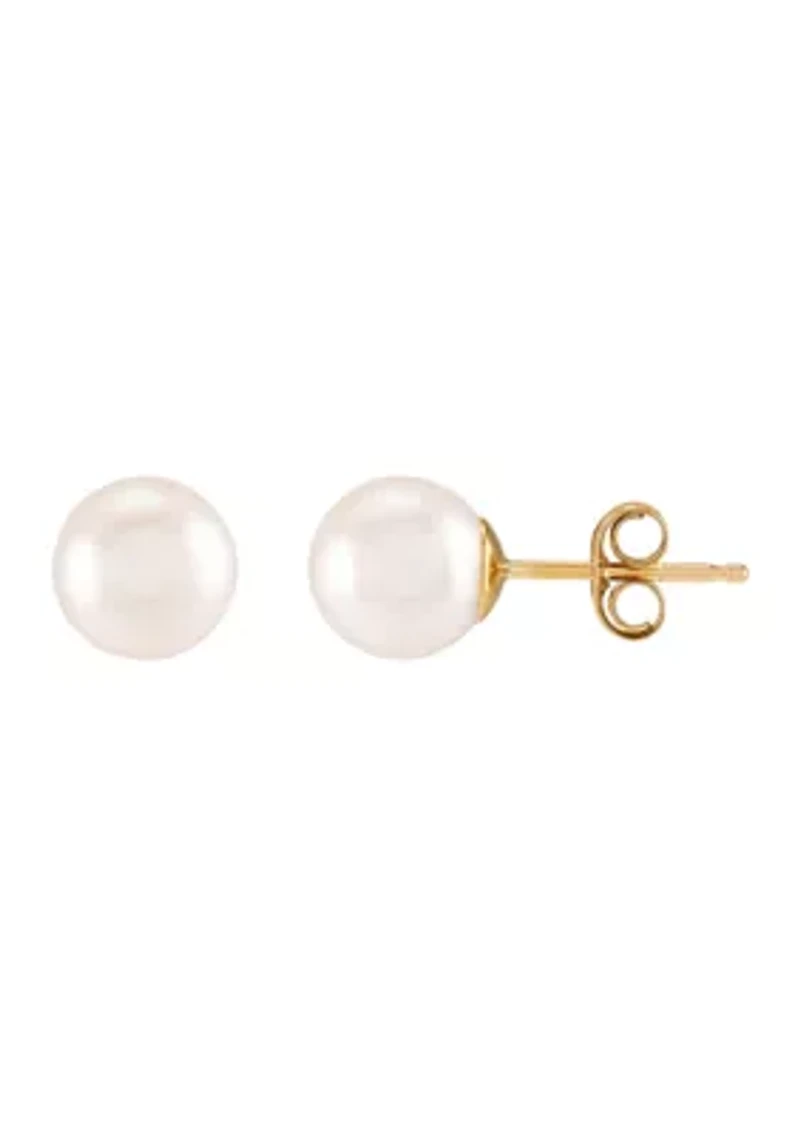 6-6.5 Millimeter White Pearl Stud Earrings in 10K Yellow Gold