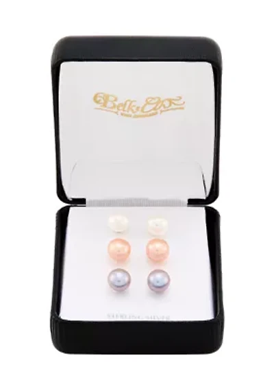 Button Pearl Stud Earrings Set in Sterling Silver