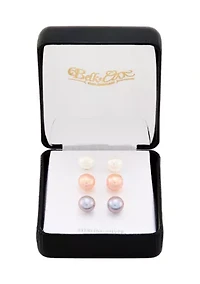 Button Pearl Stud Earrings Set in Sterling Silver