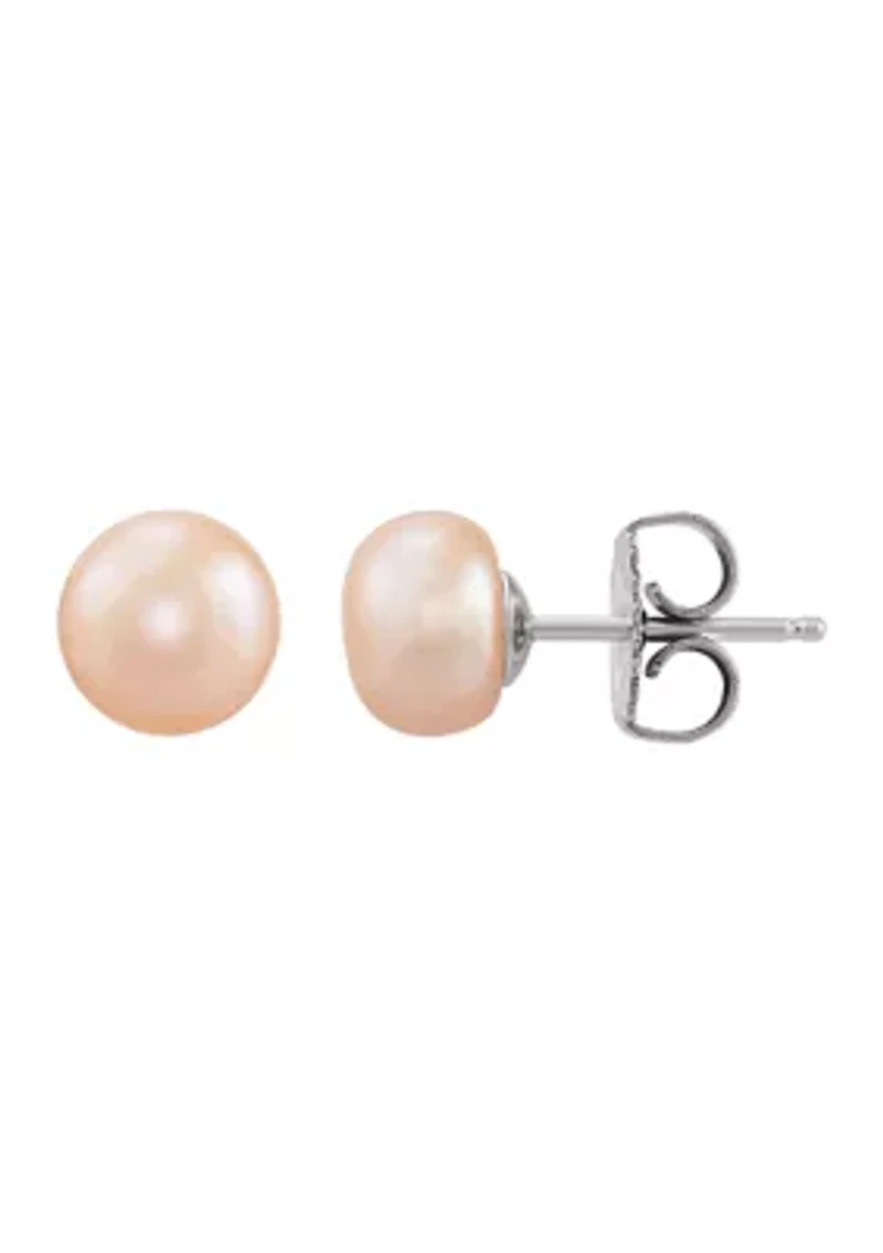 Button Pearl Stud Earrings Set in Sterling Silver