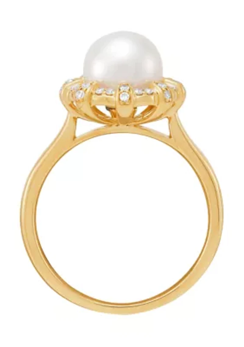 1/8 ct. t.w. Diamond and Pearl Ring in 10K Yellow Gold