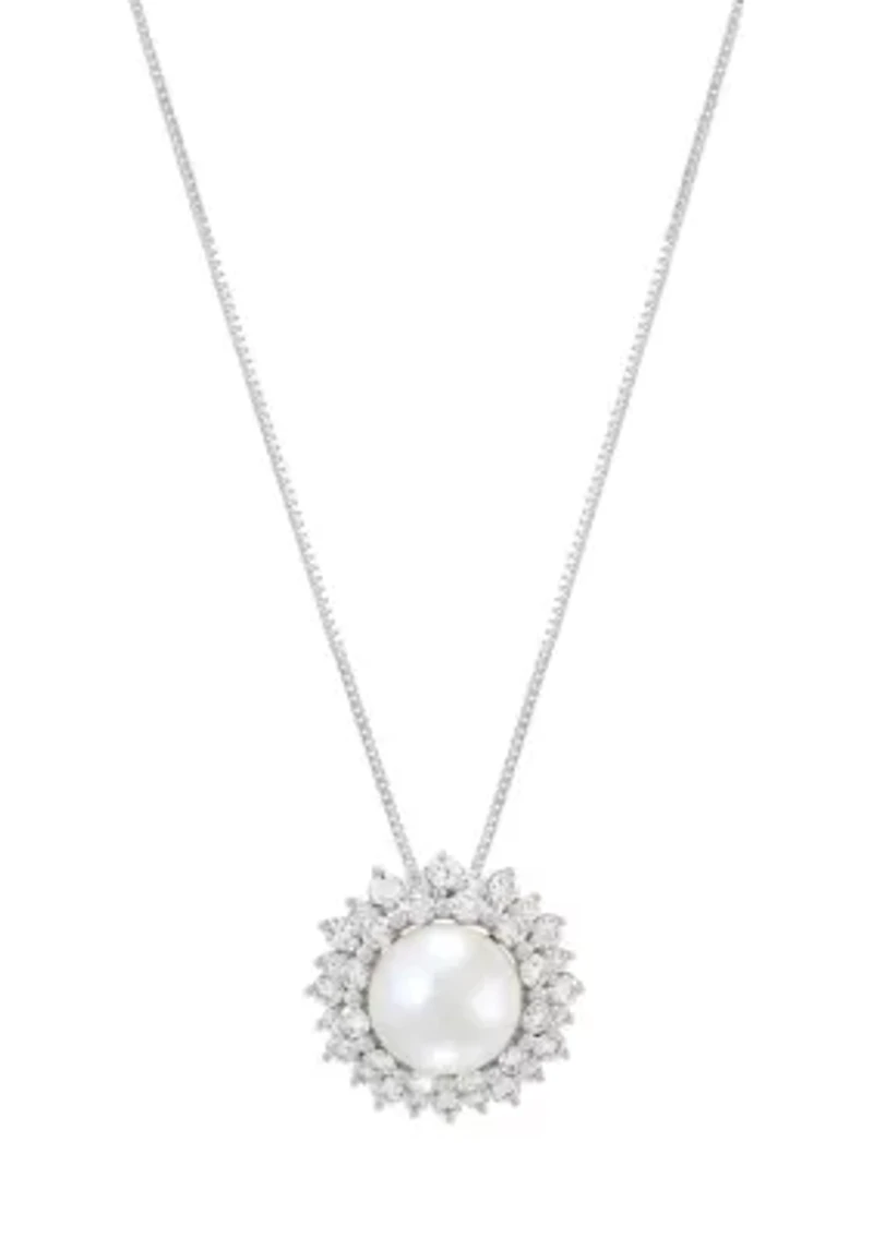 Diamond and Pearl Pendant with 18" Box Chain in 14K White Gold
