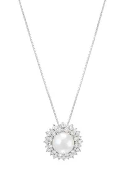 Diamond and Pearl Pendant with 18" Box Chain in 14K White Gold