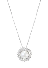 Diamond and Pearl Pendant with 18" Box Chain in 14K White Gold