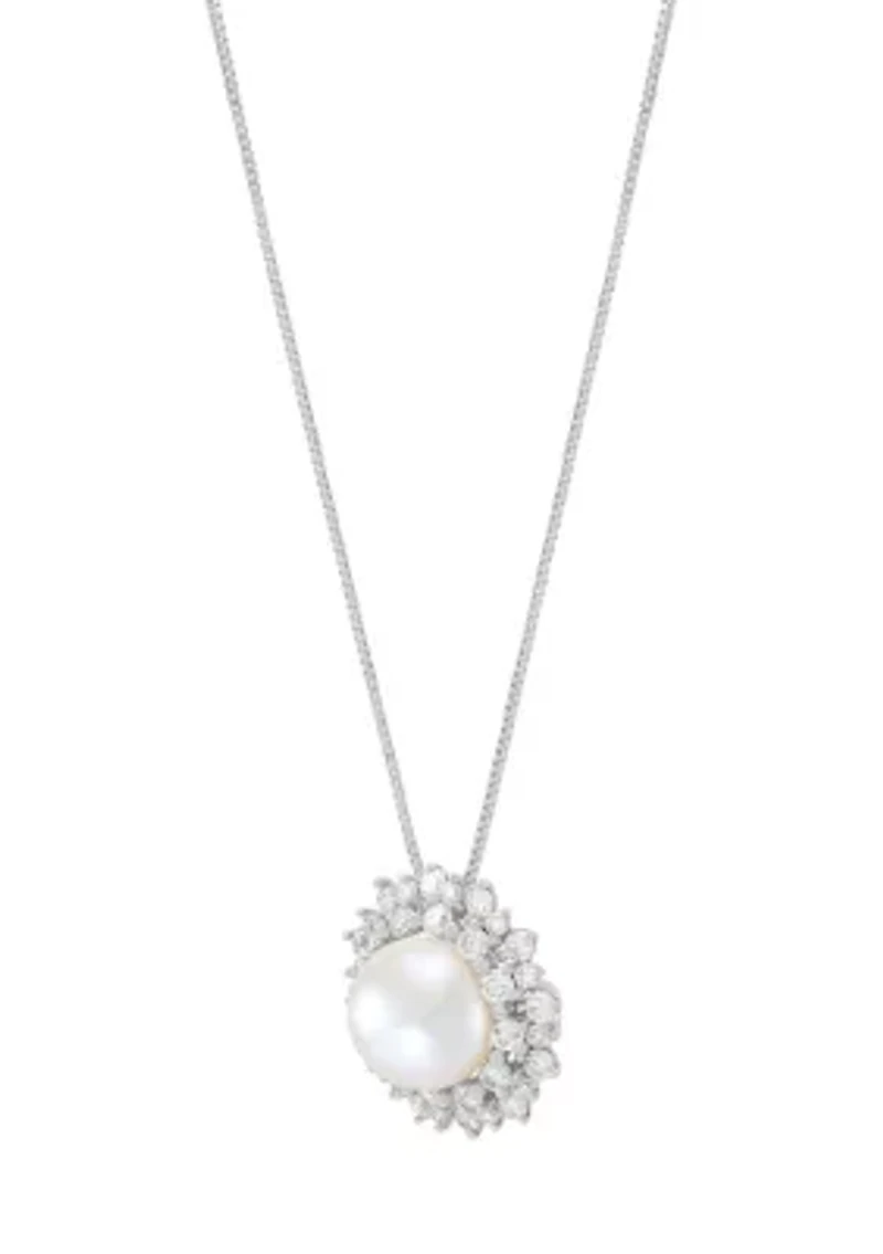 Diamond and Pearl Pendant with 18" Box Chain in 14K White Gold