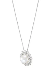 Diamond and Pearl Pendant with 18" Box Chain in 14K White Gold