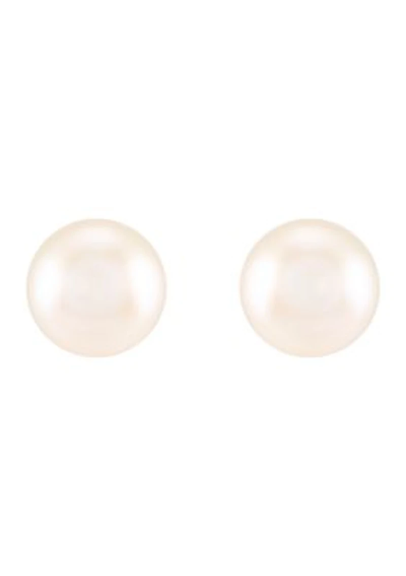 8-8.5 Millimeter White Round Pearl Stud Earrings in 14K Yellow Gold