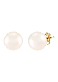 8-8.5 Millimeter White Round Pearl Stud Earrings in 14K Yellow Gold