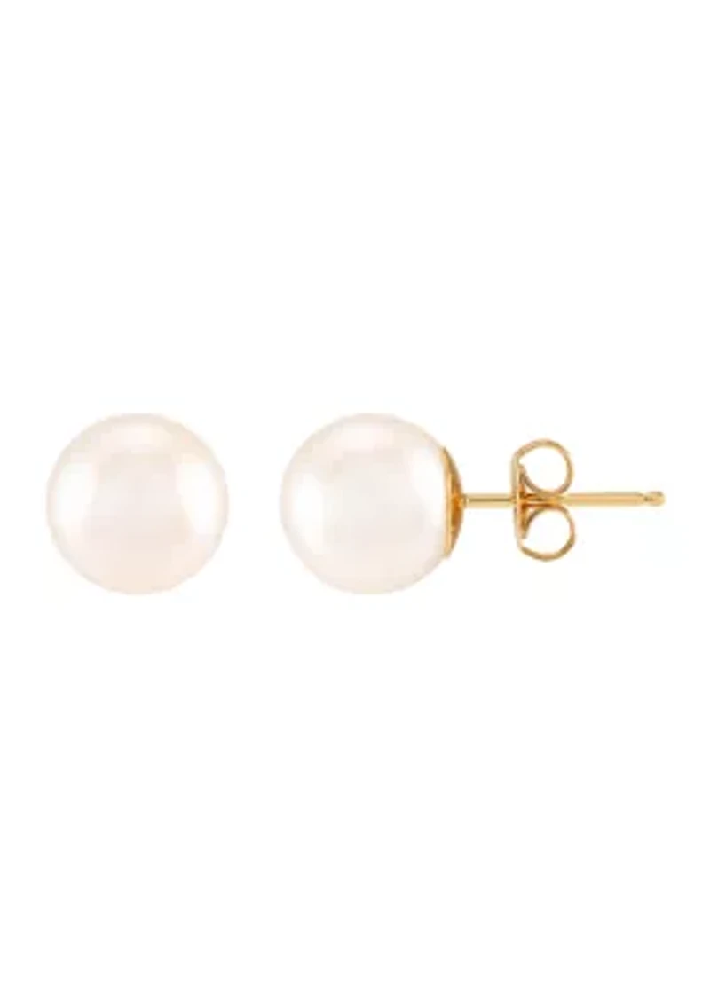 8-8.5 Millimeter White Round Pearl Stud Earrings in 14K Yellow Gold