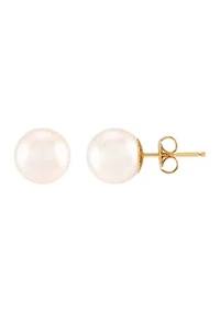 8-8.5 Millimeter White Round Pearl Stud Earrings in 14K Yellow Gold