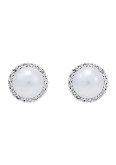Lab Created 7-7.5 Millimeter Round Freshwater Pearl and Created White Sapphire  Stud Earrings in Sterling Silver