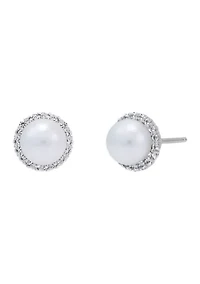 Lab Created 7-7.5 Millimeter Round Freshwater Pearl and Created White Sapphire  Stud Earrings in Sterling Silver