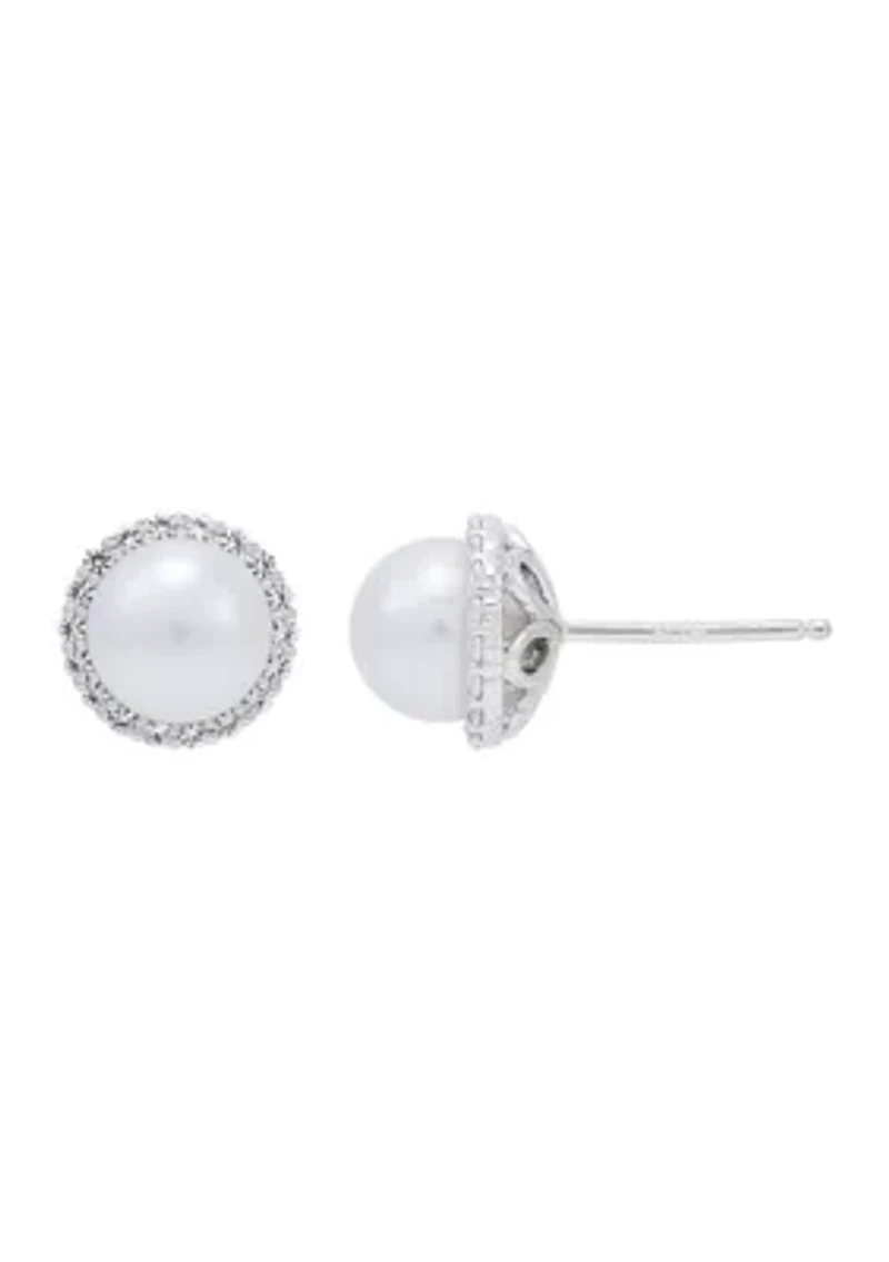 Lab Created 7-7.5 Millimeter Round Freshwater Pearl and Created White Sapphire  Stud Earrings in Sterling Silver