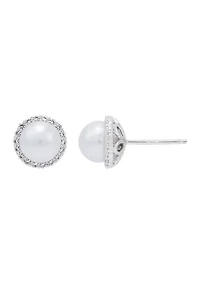 Lab Created 7-7.5 Millimeter Round Freshwater Pearl and Created White Sapphire  Stud Earrings in Sterling Silver