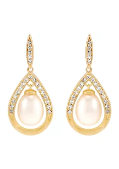 Pearl and Lab Grown White Sapphire Earrings in Gold over Sterling Silver