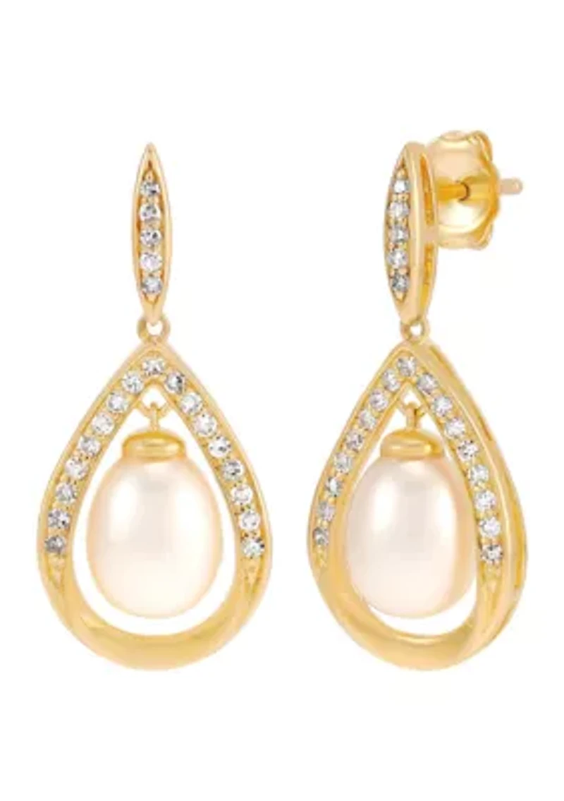 Pearl and Lab Grown White Sapphire Earrings in Gold over Sterling Silver