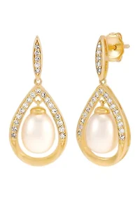 Pearl and Lab Grown White Sapphire Earrings in Gold over Sterling Silver
