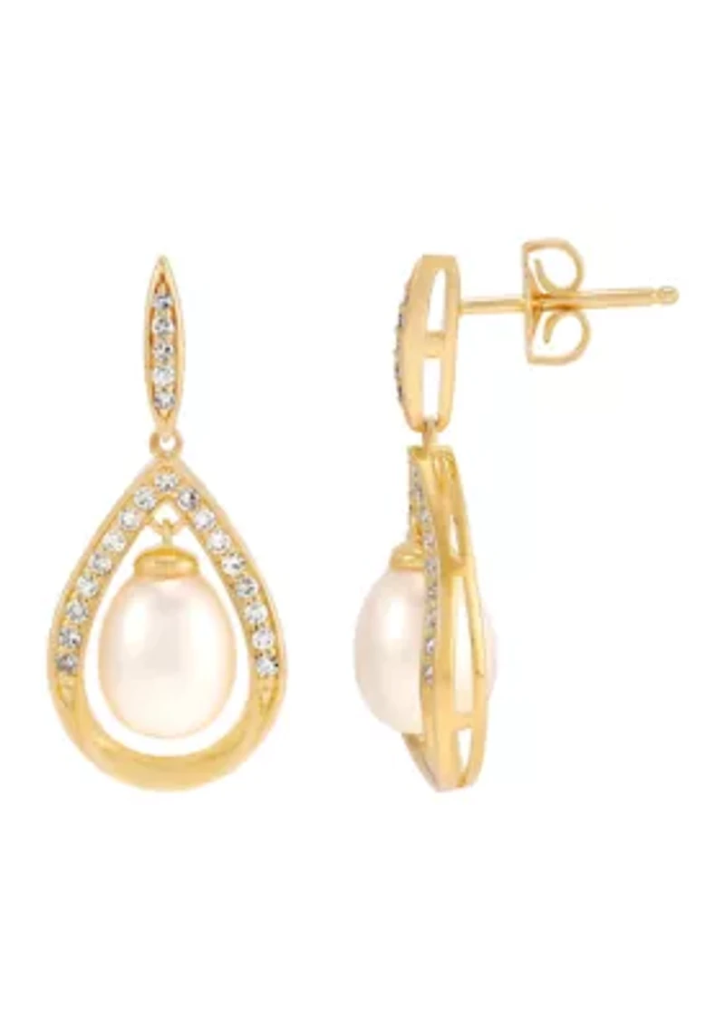 Pearl and Lab Grown White Sapphire Earrings in Gold over Sterling Silver