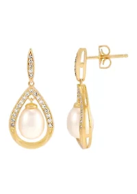 Pearl and Lab Grown White Sapphire Earrings in Gold over Sterling Silver