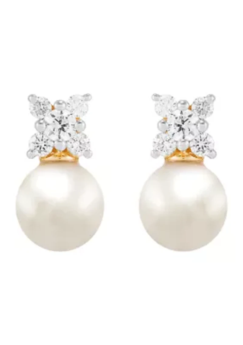 1/4 ct. t.w. Lab Grown Diamond and 6.5-7 Millimeter Round Pearl Earrings in 10K Yellow Gold