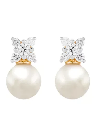  1/4 ct. t.w. Lab Grown Diamond and 6.5-7 Millimeter Round Pearl Earrings in 10K Yellow Gold