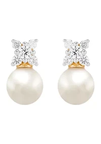  1/4 ct. t.w. Lab Grown Diamond and 6.5-7 Millimeter Round Pearl Earrings in 10K Yellow Gold