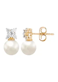  1/4 ct. t.w. Lab Grown Diamond and 6.5-7 Millimeter Round Pearl Earrings in 10K Yellow Gold