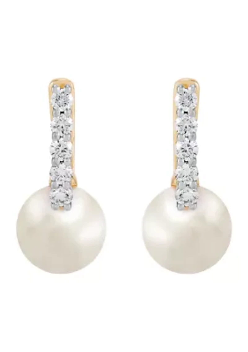 Pearl and 1/4 ct. t.w. Lab Grown Diamond Hoop Earrings in 10K Yellow Gold