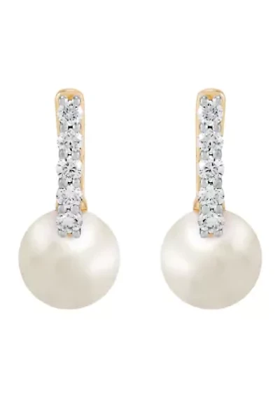 Pearl and 1/4 ct. t.w. Lab Grown Diamond Hoop Earrings in 10K Yellow Gold
