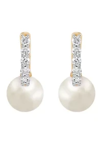 Pearl and 1/4 ct. t.w. Lab Grown Diamond Hoop Earrings in 10K Yellow Gold