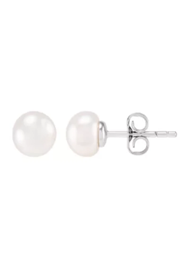 7-7.5 Millimeter Pearl, Lab Grown White Sapphire and Ball Stud Earring Set in Sterling Silver and 3K White Gold 