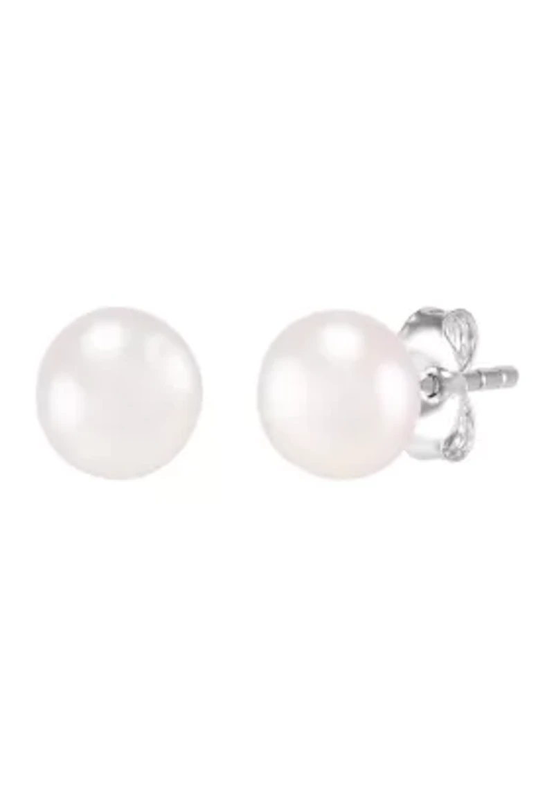 7-7.5 Millimeter Pearl, Lab Grown White Sapphire and Ball Stud Earring Set in Sterling Silver and 3K White Gold 