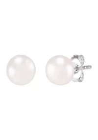 7-7.5 Millimeter Pearl, Lab Grown White Sapphire and Ball Stud Earring Set in Sterling Silver and 3K White Gold 