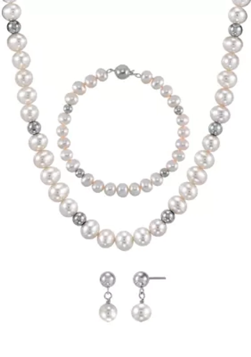 Pearl Necklace and Bracelet and Earrings Set in Sterling Silver