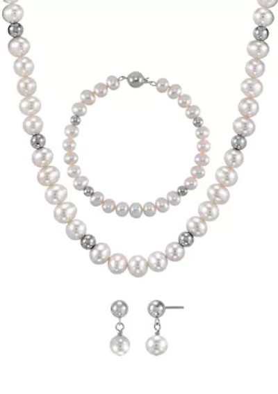 Pearl Necklace and Bracelet and Earrings Set in Sterling Silver