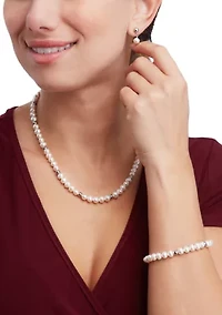 Pearl Necklace and Bracelet and Earrings Set in Sterling Silver